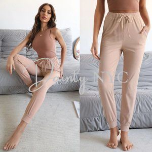Nude Beige Ribbed Lounge Pants